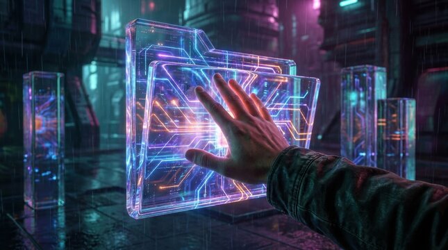 Minimalist optical Man hand on glowing folder refracting vivid spectrum light rays across clean studio podium