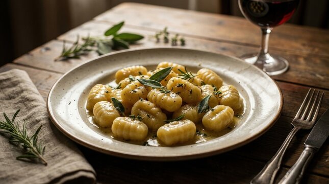 Contemporary graphic visual art showcasing Plate of fresh gnocchi herbs designed for commercial marketing backdrop