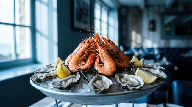 Minimalist optical Seafood tower with prawns oysters refracting vivid spectrum light rays across clean studio podium