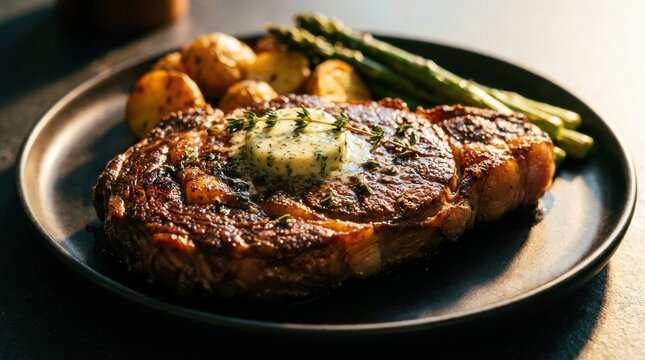 Nutritious organic Seared steak with herb butter garnished with fresh antioxidant berries and seeds for healthy wellness nutrition