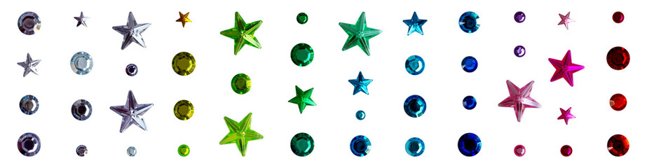 Rhinestones and gems collection with stars and rounds. Colorful rainbow crystal jewels cut outs png...