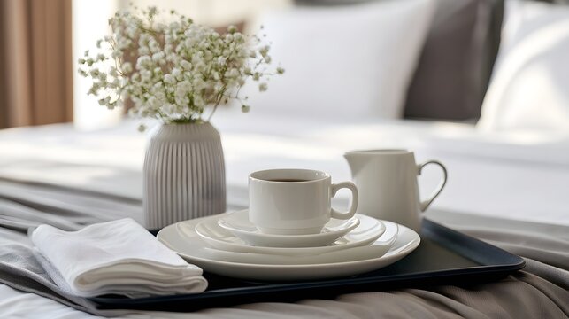 A serene morning scene with a white ceramic coffee set  folded napkin  and baby s breath flowers on a bed tray