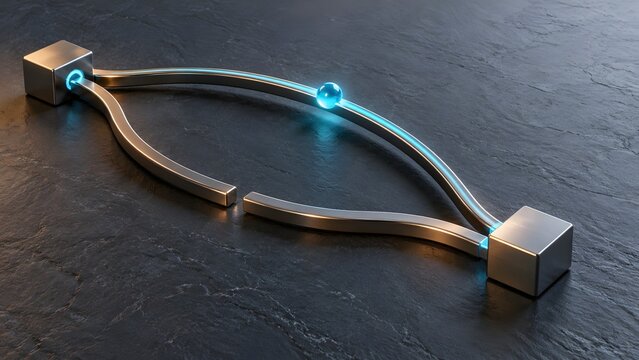 Glowing blue sphere traveling along a continuous metallic rail bypassing a broken path to represent network failover and business continuity