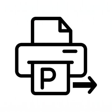 Black linear printer icon with paper and arrow