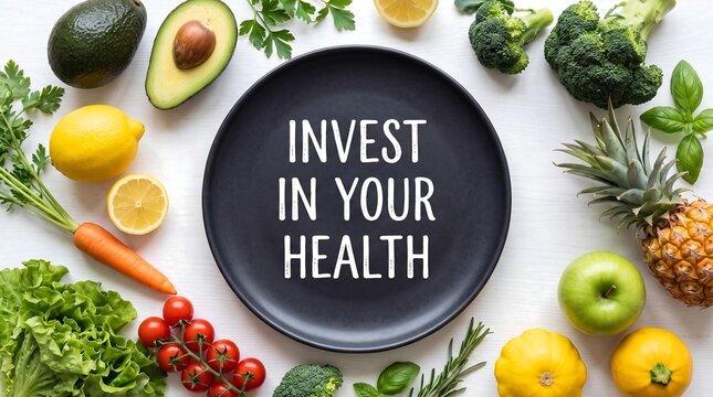 A vibrant overhead shot of fresh, healthy fruits and vegetables arranged around a black plate with the text "INVEST IN YOUR HEALTH" centered on it.