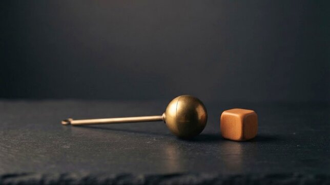 Brass pendulum and wooden cube on dark stone surface