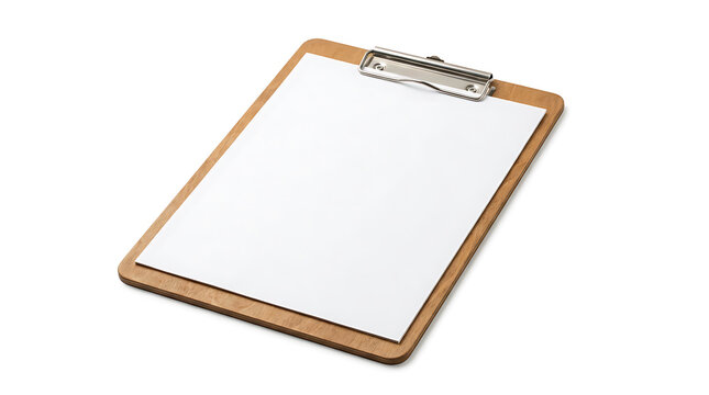 Empty clipboard with wooden base and white paper sheet for office documentation writing board supplies background surface business equipment document stationery