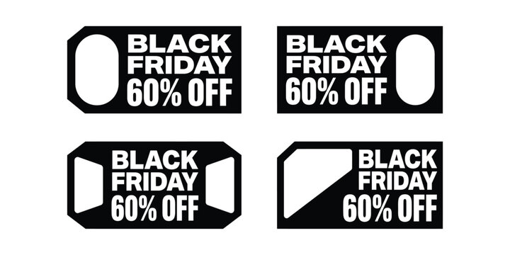 Set of four black friday sale tags with sixty percent discount text isolated on a white background