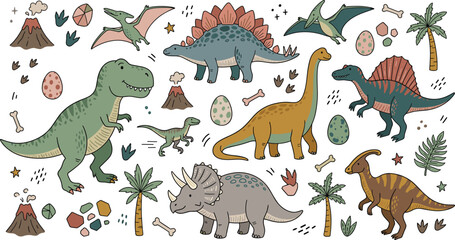 Cute prehistoric dinosaur cartoon characters vector illustration collection. green tyrannosaurus rex, triceratops, stegosaurus, brachiosaurus, erupting volcano, ancient eggs. © Munna