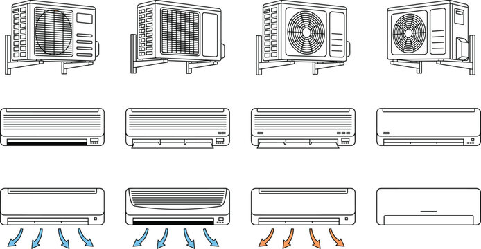 Air conditioner set featuring indoor split system ventilation blocks and outdoor compressor units line art collection