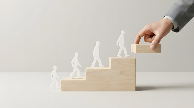 A hand placing a wooden block on a staircase as small human figures ascend, symbolizing growth and progress