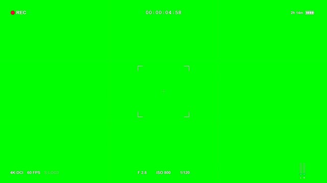 Clean modern digital camera recording viewfinder HUD with blinking REC, running timecode, audio meters, and rule of thirds grid on transparent background.