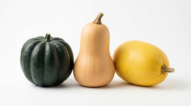 A high-angle studio photograph showcasing a dark green acorn squash, a light tan butternut squash, and a bright yellow spaghetti squash arranged in a row against a clean white background