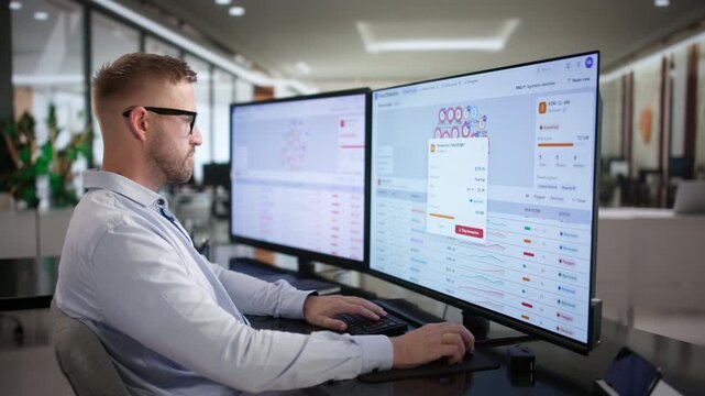 Fraud Analyst Studies Real-time Transaction Dashboard