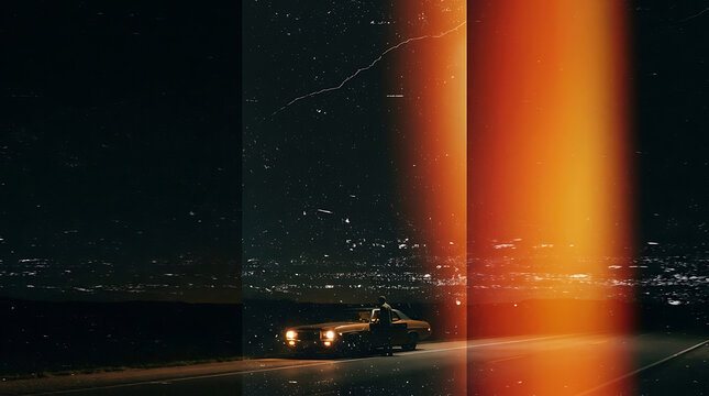 Truck driving down dark road with futuristic light beam effect at night illustration