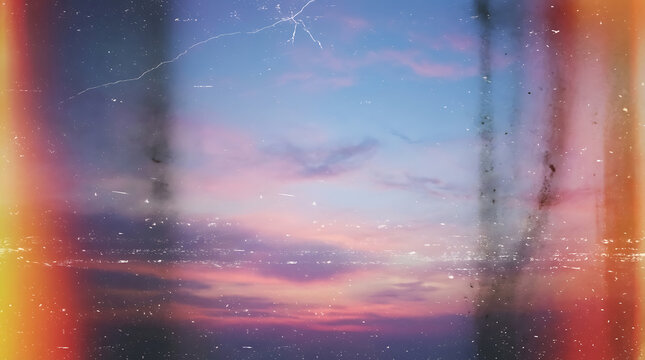 Abstract sunrise or sunset sky with light streaks and warm tones through window frame illustration