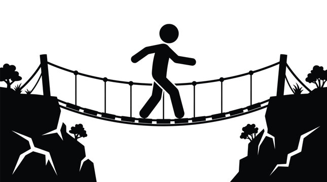 Black silhouette of stick figure person walking across hanging suspension bridge over deep canyon gap