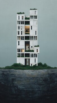 A tall, modern, modular building with multiple windows and greenery on terraces, rising above a rocky cliff with a muted gray sky background.