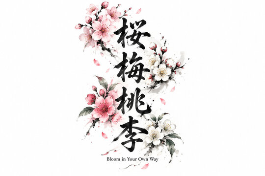Japanese Kanji Tattoo Design with Four Seasonal Blossoms and the Meaning Bloom in Your Own Way