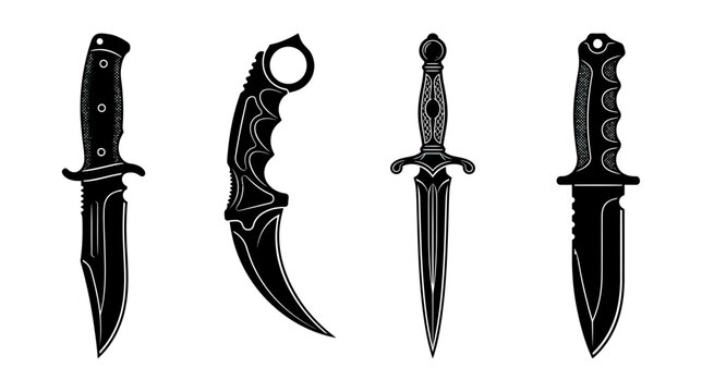 Set of four stylized combat knives and daggers isolated
