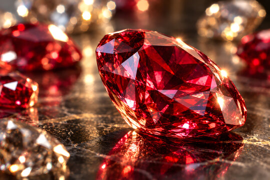 Oval Red Ruby Gemstone Resting on Reflective Surface with Warm Golden Bokeh