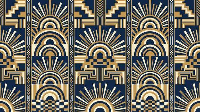 Intricate art deco pattern with sunbursts and geometric shapes in gold and navy
