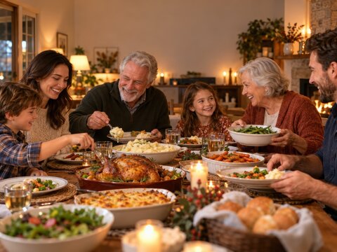 Family Sharing Homemade Comfort Food at Dining Table