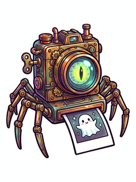 Steampunk spider camera printing a cute ghost polaroid photo with brass mechanical legs, monster eye lens, gears, and wind-up key vector illustration.   