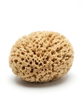 Natural porous sponge with textured surface against white background