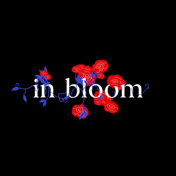 Animated typography of text 'in bloom' with blooming flower animation on dark background