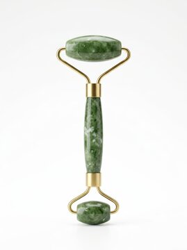Green jade facial roller with gold metal frame on white background