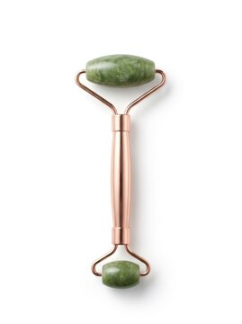 Green jade roller with rose gold handle for facial massage and skincare
