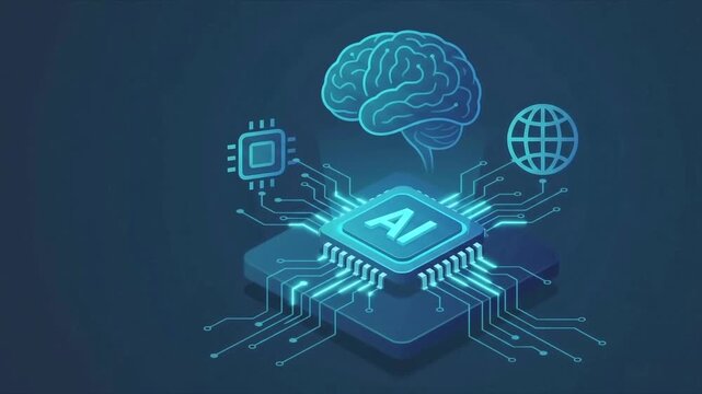 A digital illustration of a glowing artificial intelligence brain on a circuit board technological visualization of machine