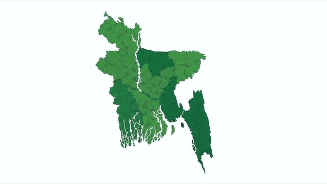 Detailed administrative map of bangladesh featuring districts in shades of green geography country territory border asia