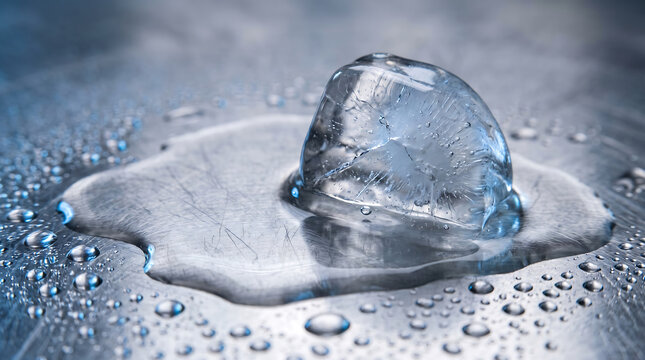 Melting Ice Crystal with Water Droplets on a Cold Metallic Surface in Blue Tones
