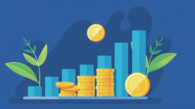 Gold currency coins stacked beside rising blue financial growth bar chart money finance investment wealth graph