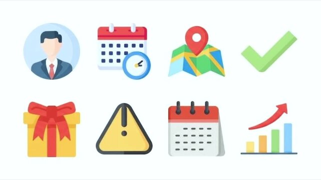 Collection of flat business icons including a user profile calendar and a growing chart map check growth finance management
