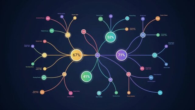 Interactive mind map diagram with branching nodes and percentage values on deep blue background network infographic data