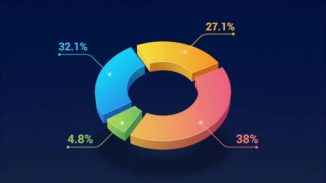 Colorful three dimensional pie chart infographic rotating on dark background graph data statistics finance business