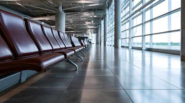 A long row of empty brown leather seats lines a bright airport terminal with large overlooking the tar
