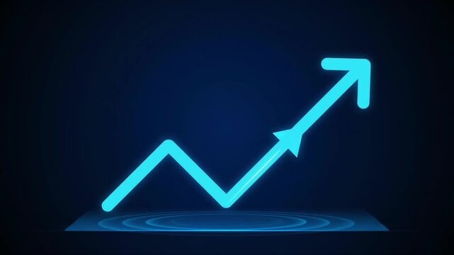 Glowing blue neon arrow moving downward and turning on dark surface pointer sign direction motion movement