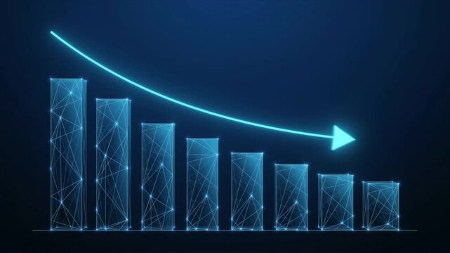 Digital bar graph with declining blue trendline representing financial market loss on dark background a business concept animation