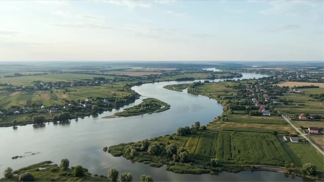 Panoramic view of a winding river passing through a peaceful rural countryside landscape a wide aerial shot captures the snaking