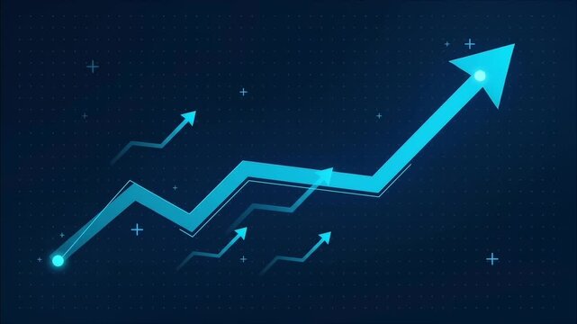 Glowing blue financial trend line graph moving upward on dark background an animated digital graphic showing a fluctuating