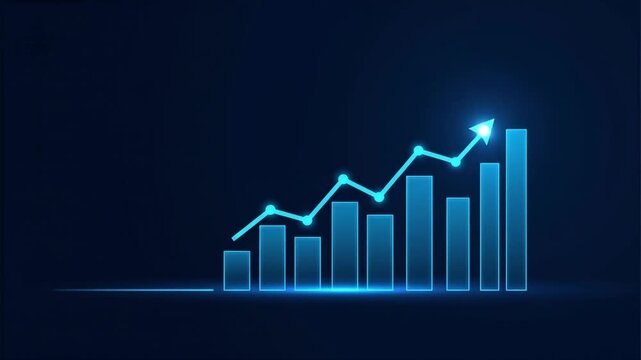 Animated bar chart showing increasing financial data performance on blue backdrop a digital visualization of a graph rising
