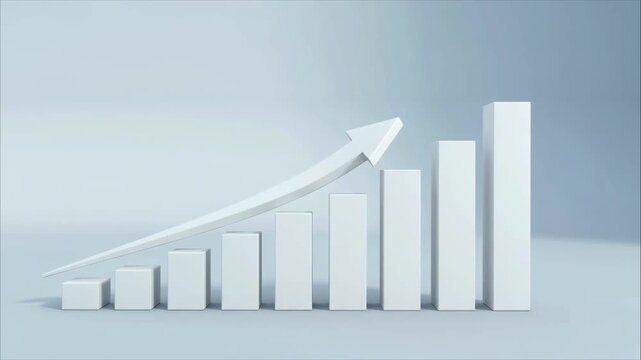 Rising bar chart showing business growth on plain blue background a set of white three dimensional vertical bars increasing
