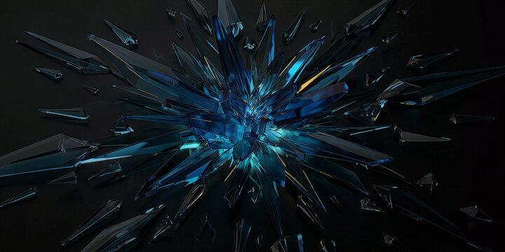 Macro overhead texture of explosive crystalline energy burst and fracturing geometric patterns, wide view