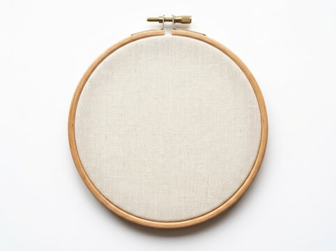 Circular embroidery hoop with stretched beige fabric on plain white background