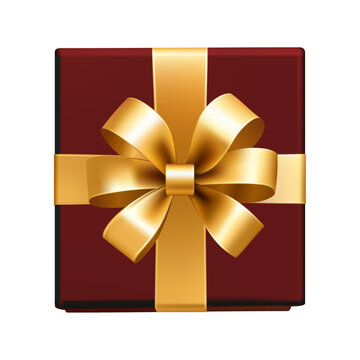 Luxury burgundy red gift box with gold ribbon bow isolated on transparent background