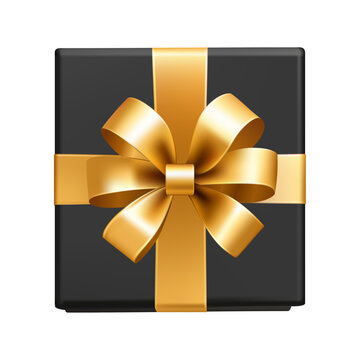 Luxury black gift box with gold ribbon bow isolated on transparent background